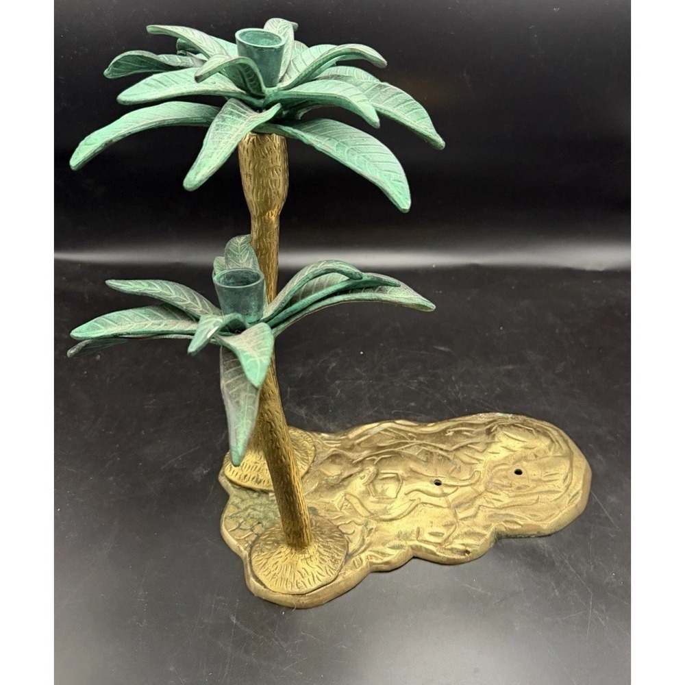 Vintage Brass Palm Tree Double Taper Candle Holder Tropical Verdigris